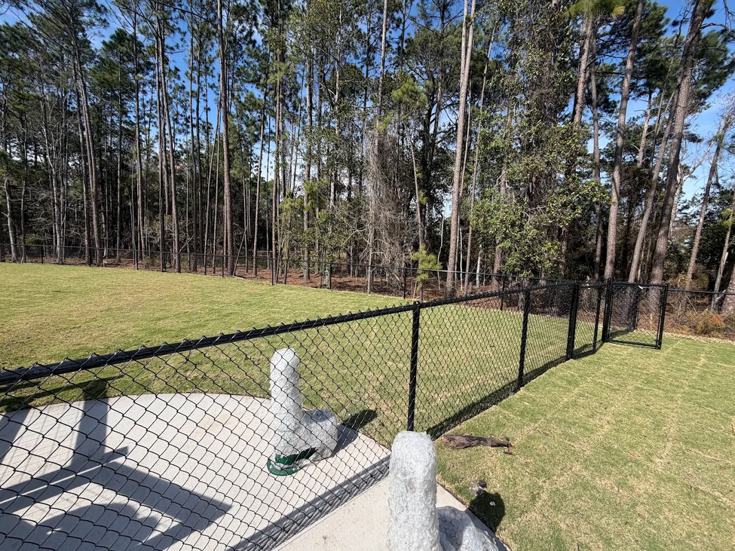 Chain-link fence beside a concrete pad in a grassy yard with tall trees in the background