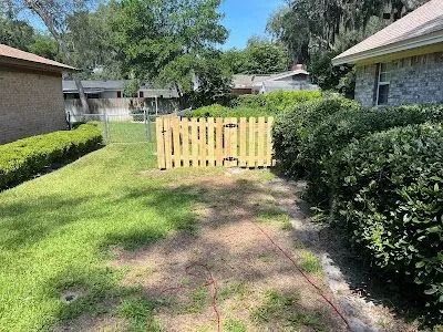 Narrow grassy path leading to a yellow wooden gate between hedges in a suburban yard