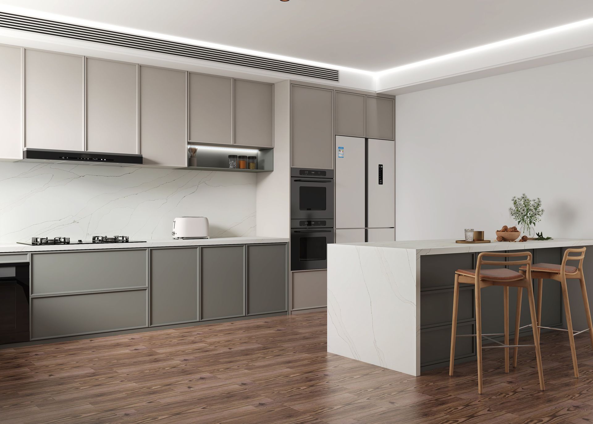 Modern kitchen with gray cabinets, island with stools, and wooden floor. Modern kitchen with gray cabinets, island with stools, and wooden floor.