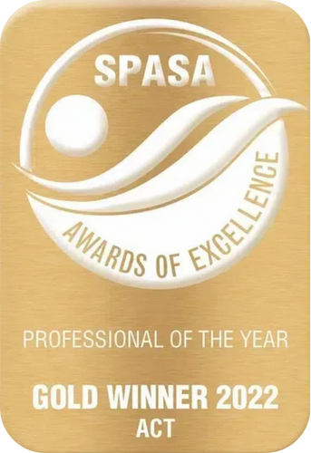 Gold Winner SPASA Awards of Excellence logo for Professional of the Year, 2022 ACT. Beige and gold design.