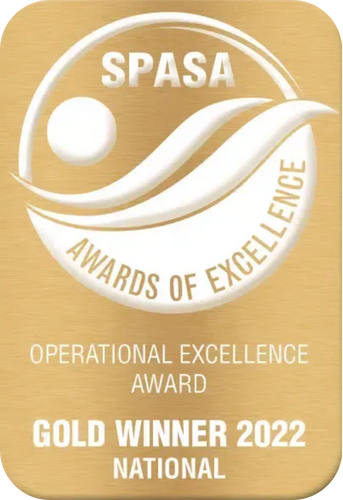 Gold award for Operational Excellence, SPASA 2022. Gold rectangle with logo and text.