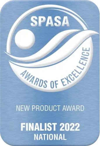 SPASA Awards of Excellence badge: Finalist for New Product Award 2022, featuring flowing white lines on a blue background.