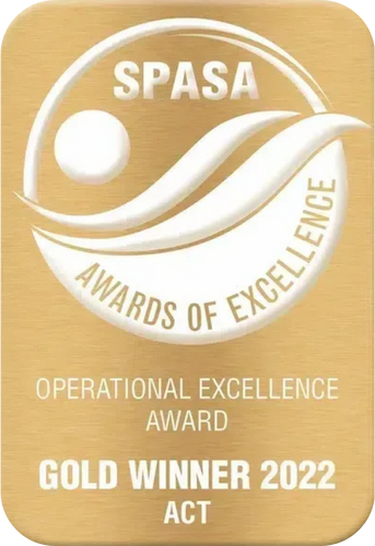 Gold SPASA Award of Excellence 2022 ACT. Golden plaque with white logo.