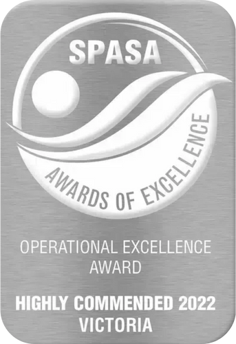 SPASA Awards of Excellence logo. Operational Excellence Award, Highly Commended 2022, Victoria. Silver, circular design.