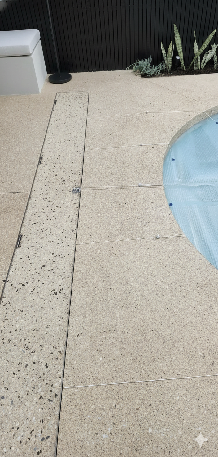 Concrete patio with pool and decorative fence.