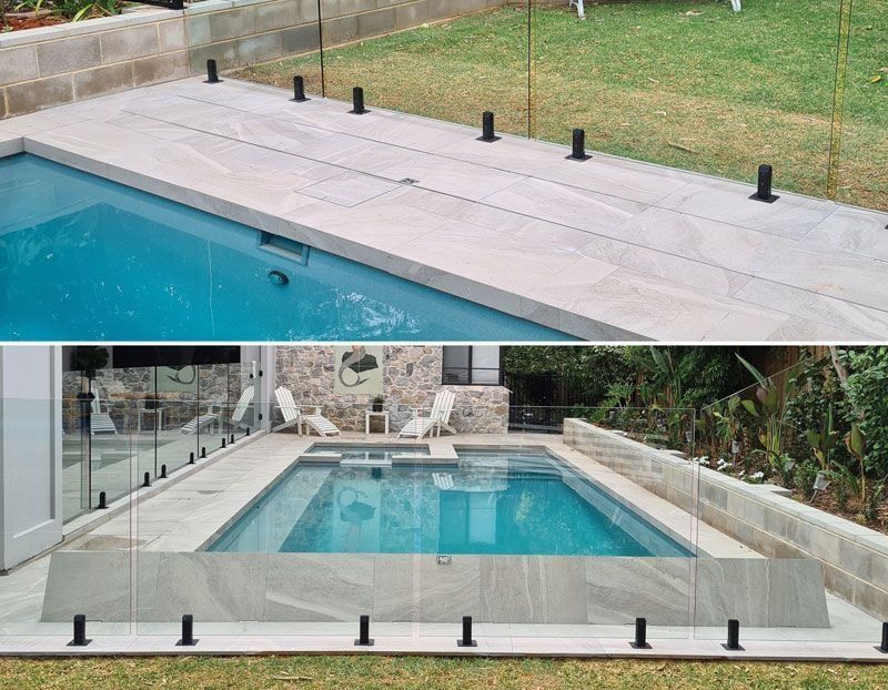 Pool with glass fencing and black posts; top view shows a pool cover.