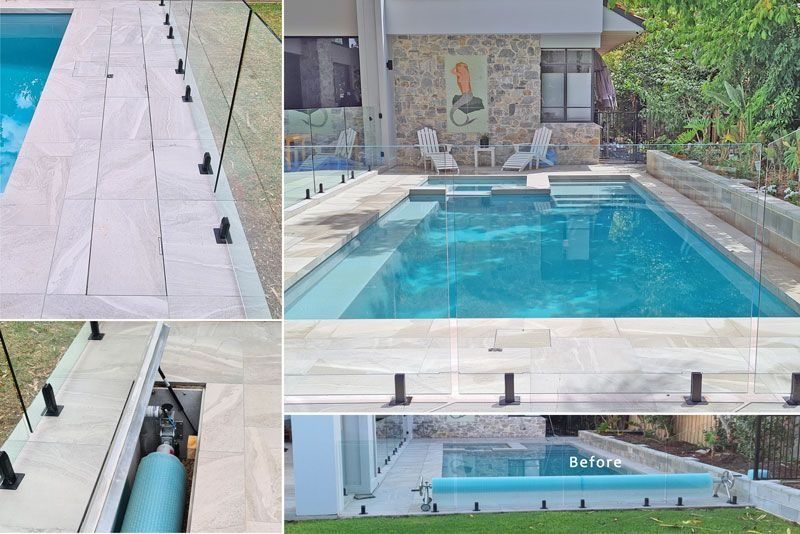 Top-left: fence detail. Top-right: overall view. Bottom-left: gas cylinder. Bottom-right: fence and pool view.