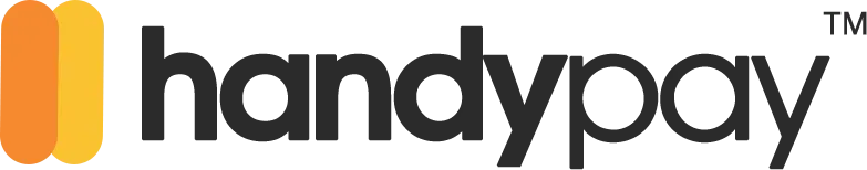 Handypay logo: black text with orange and yellow vertical bars on the left,