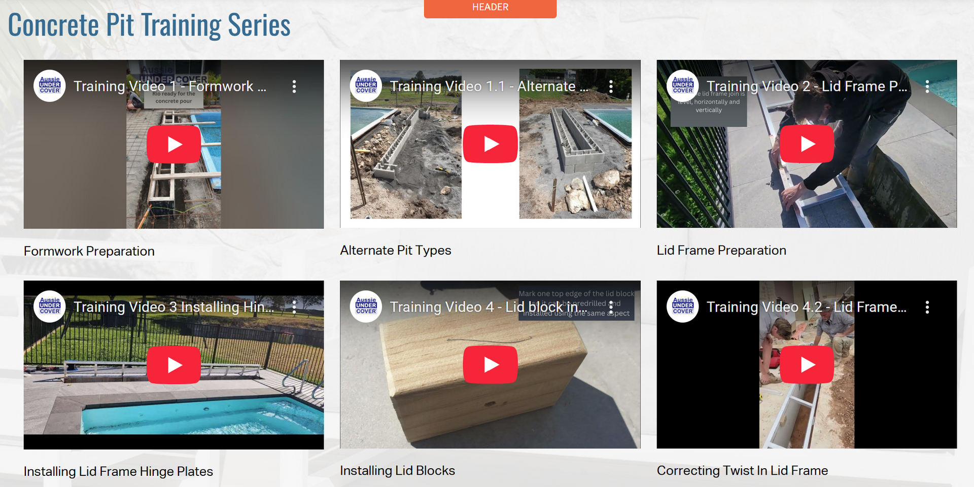 Concrete Pit Training Series videos: Formwork, Assembly, and more. Videos show pool building steps.