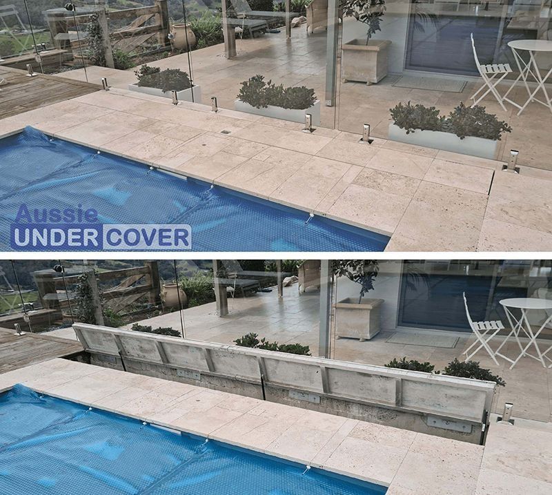 Two photos: pool with blue cover, then cover retracted, revealing a hidden compartment.