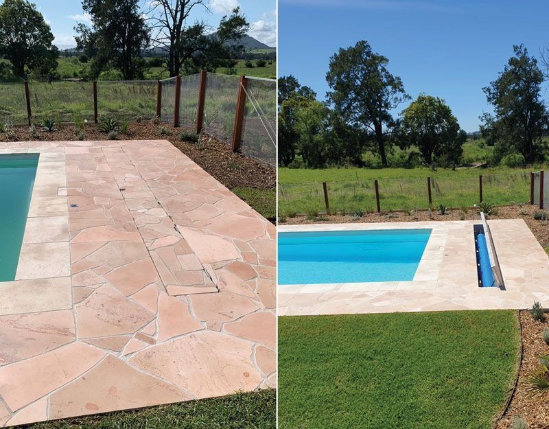 Two views of a pool patio with pink stone, grassy area, and a fence. The pool water is blue.