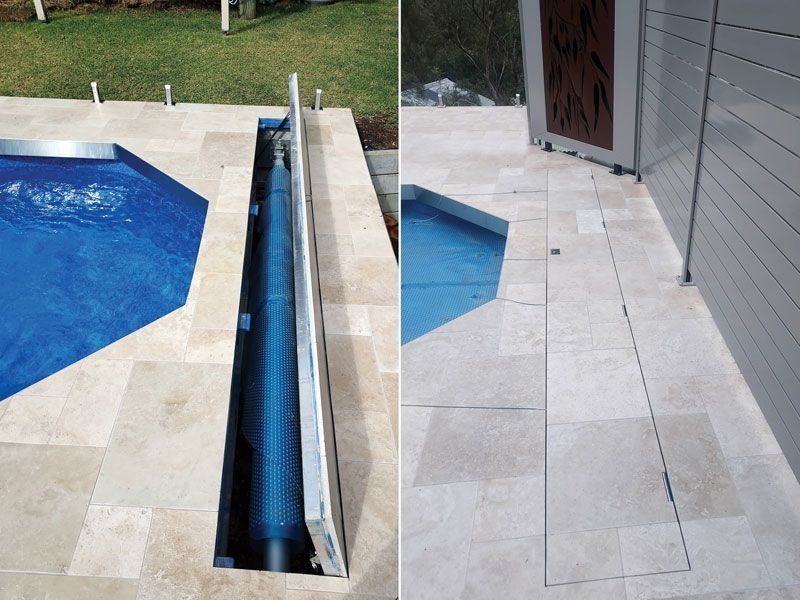 Swimming pool with cover in a recessed housing, opened and closed, flush with the deck.