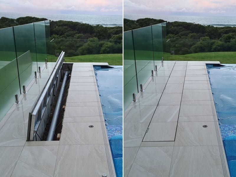 Poolside retractable cover: Open view shows mechanism, closed view is flush with tiles.