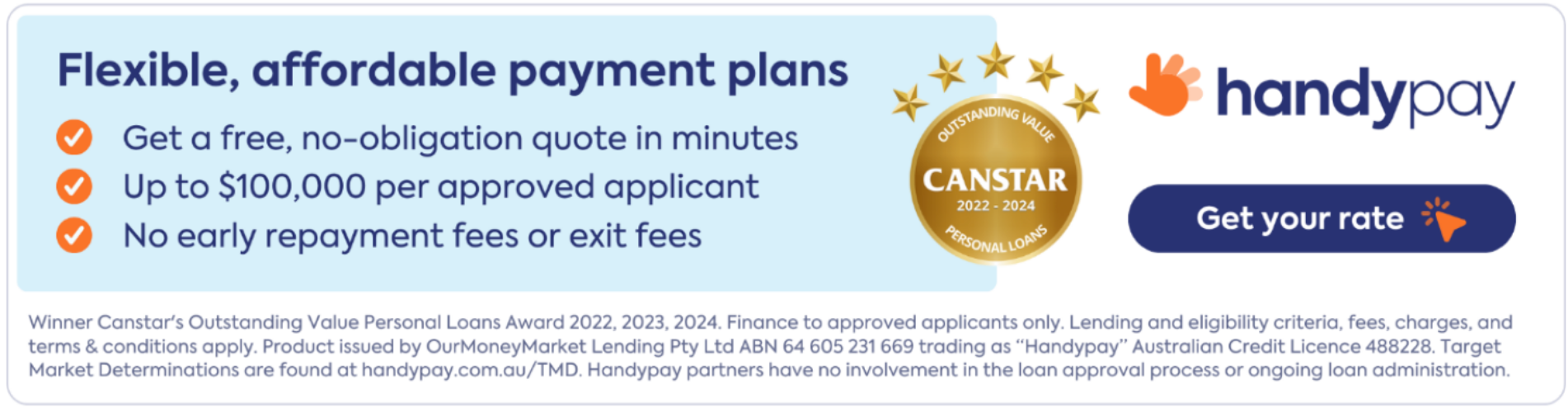 Handypay logo: black text with orange and yellow vertical bars on the left, 