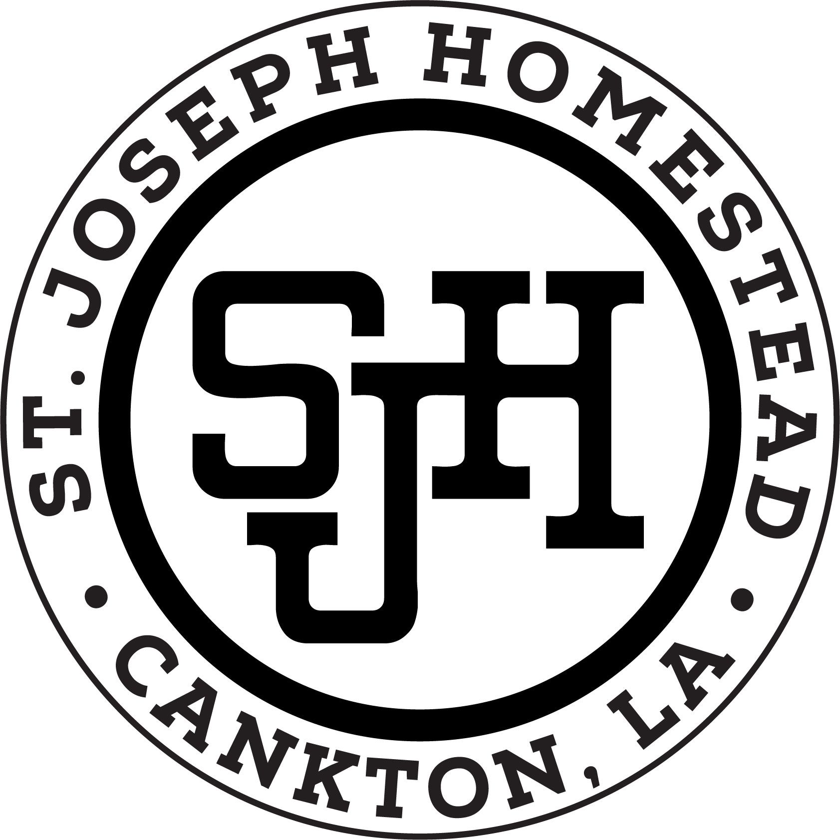 Black-and-white St. Joseph Homestead Cankton, LA circular logo with SJH monogram