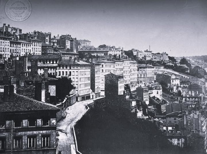 Panoramic photo of Lyon in 1869 showing rooftops, Croix-Rousse, Rhône river and Fourvière hill befor
