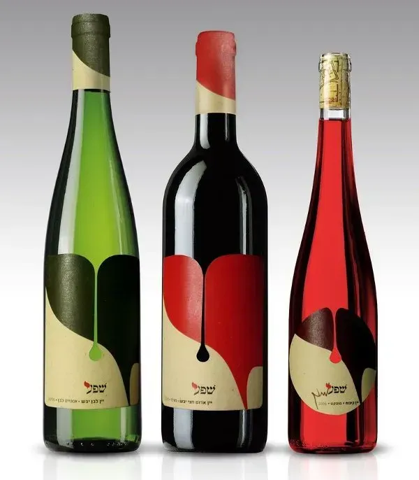 Modern wine bottles with minimalist heart-shaped labels in red, white, and rosé, reflecting contemporary French wine branding.