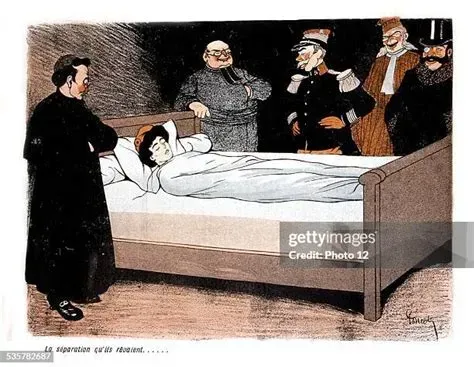 Satirical cartoon showing Marianne in bed, surrounded by priests, soldiers, and politicians — a critique of French society and wine-related moral debates.