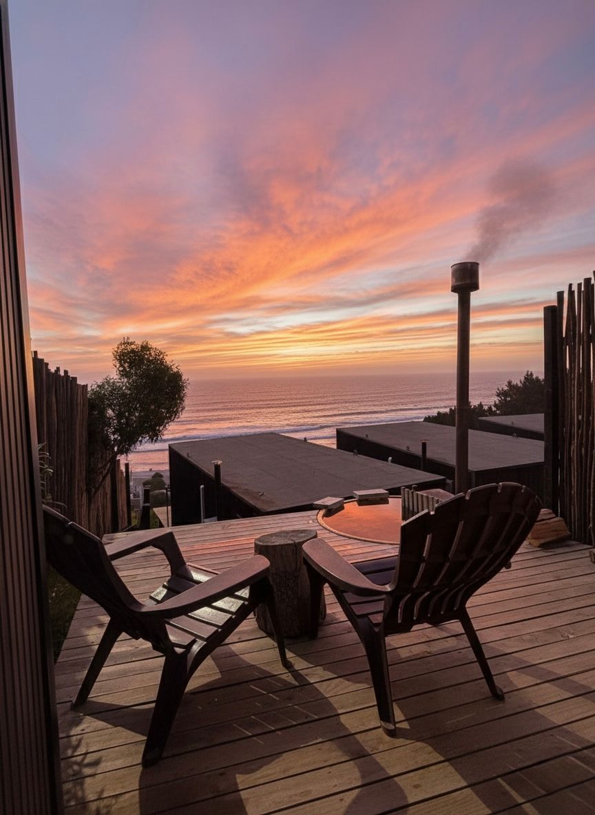 Patio chairs on a deck overlooking water at sunset, with pink-orange sky and reflections.