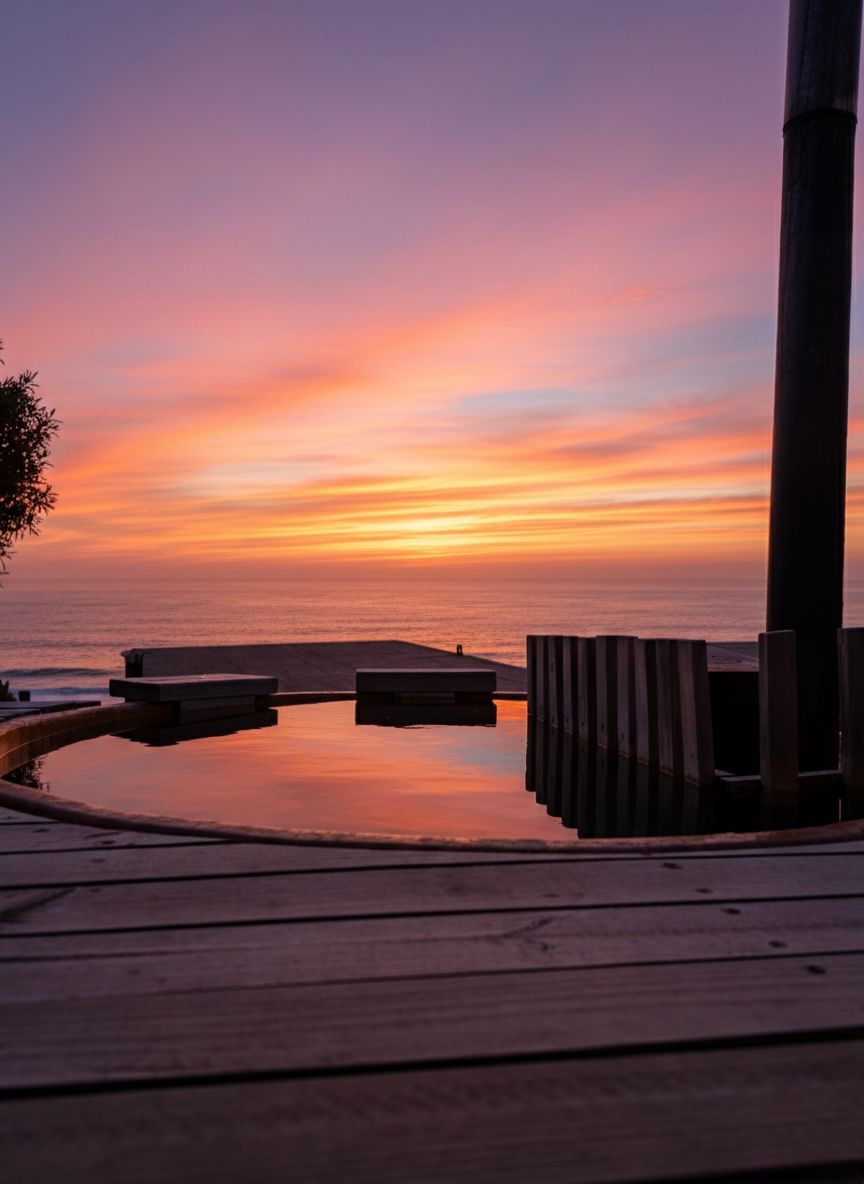 Sunset over a calm pool and ocean, with pink-orange sky and a wooden deck in the foreground
