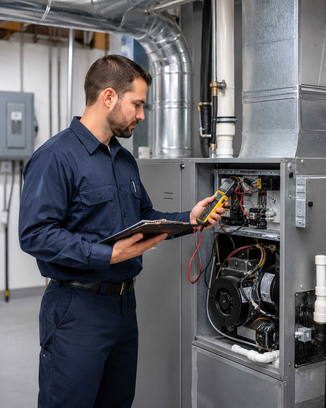 M&M Global technician performing preventive HVAC maintenance at a Windsor–Essex property
