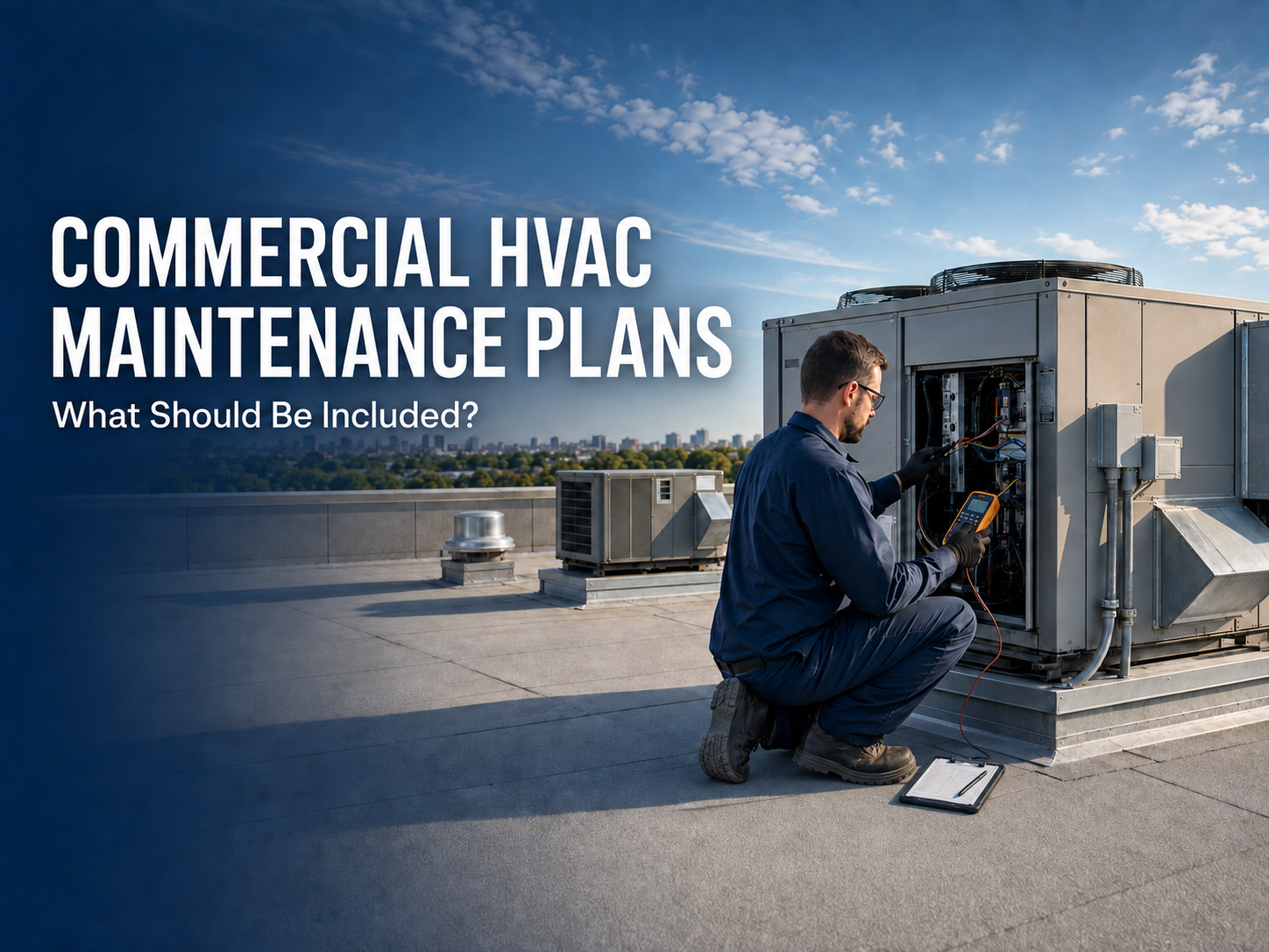 Commercial HVAC technician documenting preventive maintenance on rooftop equipment in Windsor