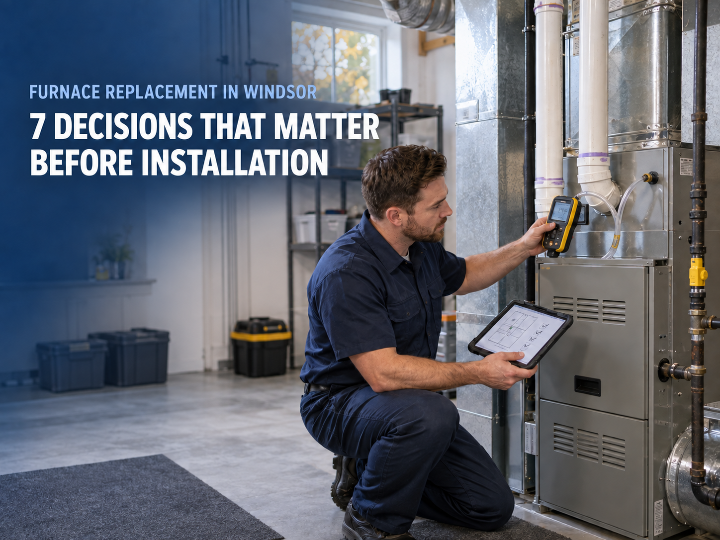 M&M Global technician assessing furnace sizing and installation requirements at a Windsor home