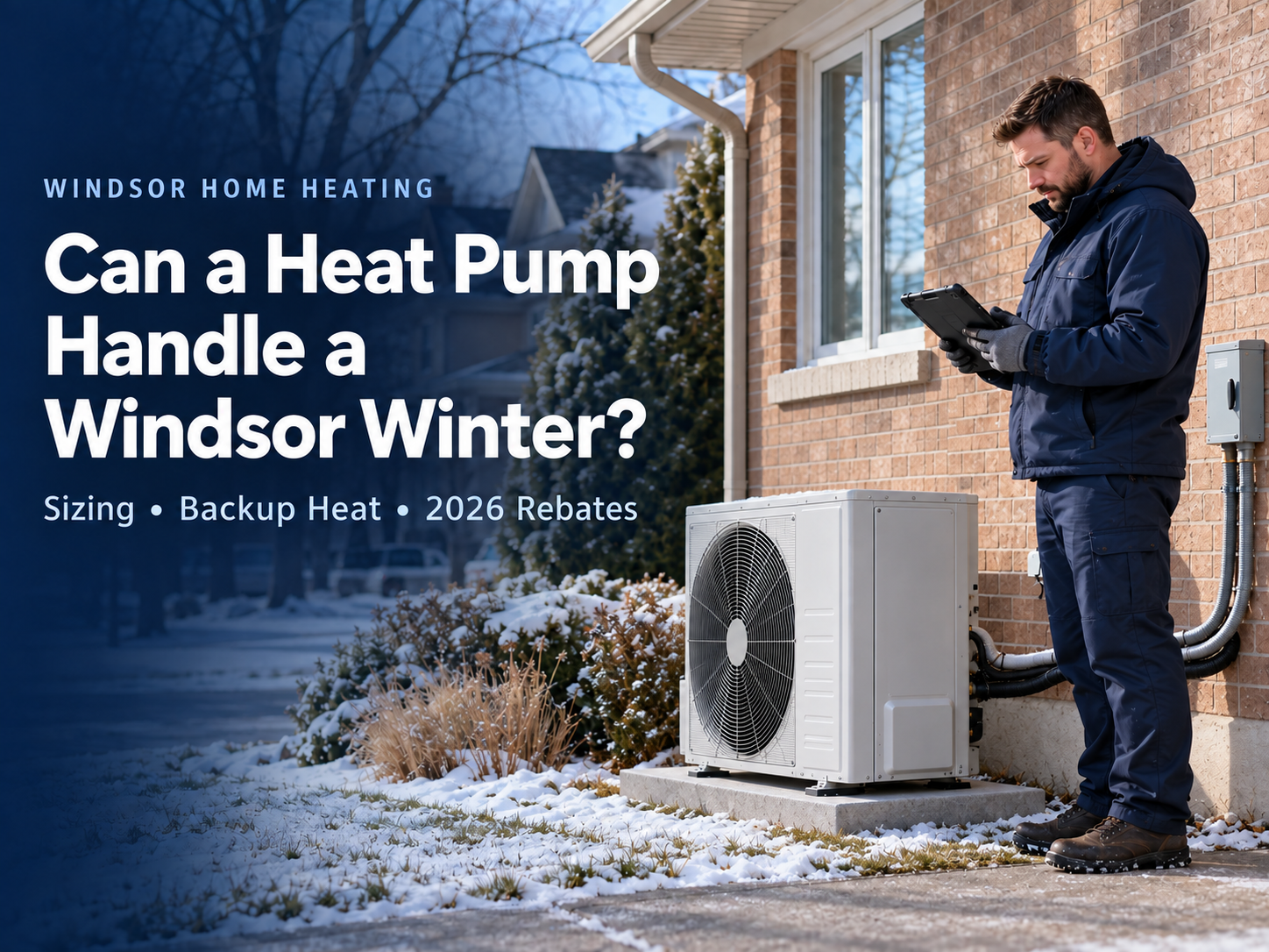 HVAC technician assessing an outdoor heat pump beside a Windsor home