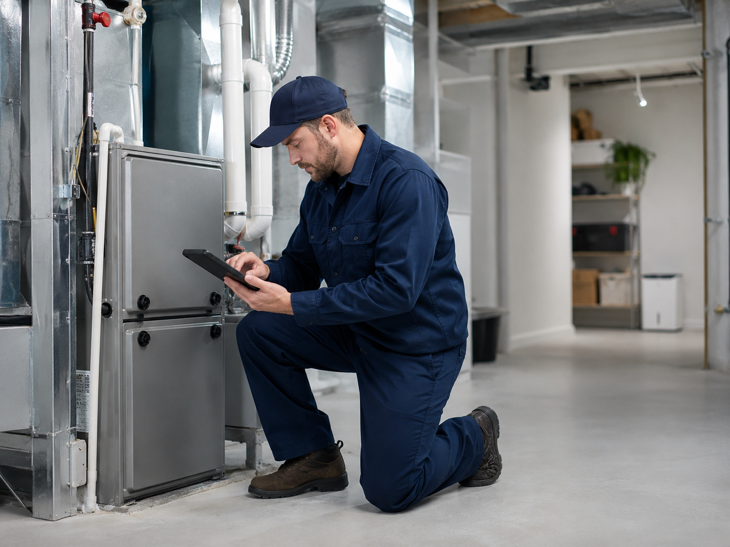 HVAC technician performing pre-winter furnace maintenance in a Windsor home
