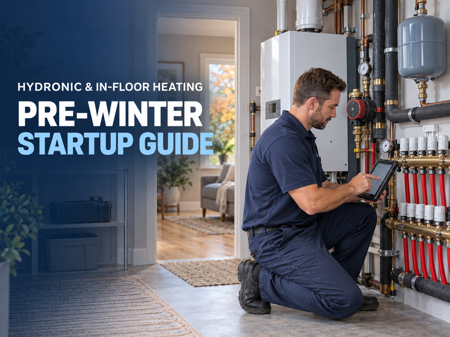 M&M Global technician assessing a hydronic heating manifold before winter in a Windsor home