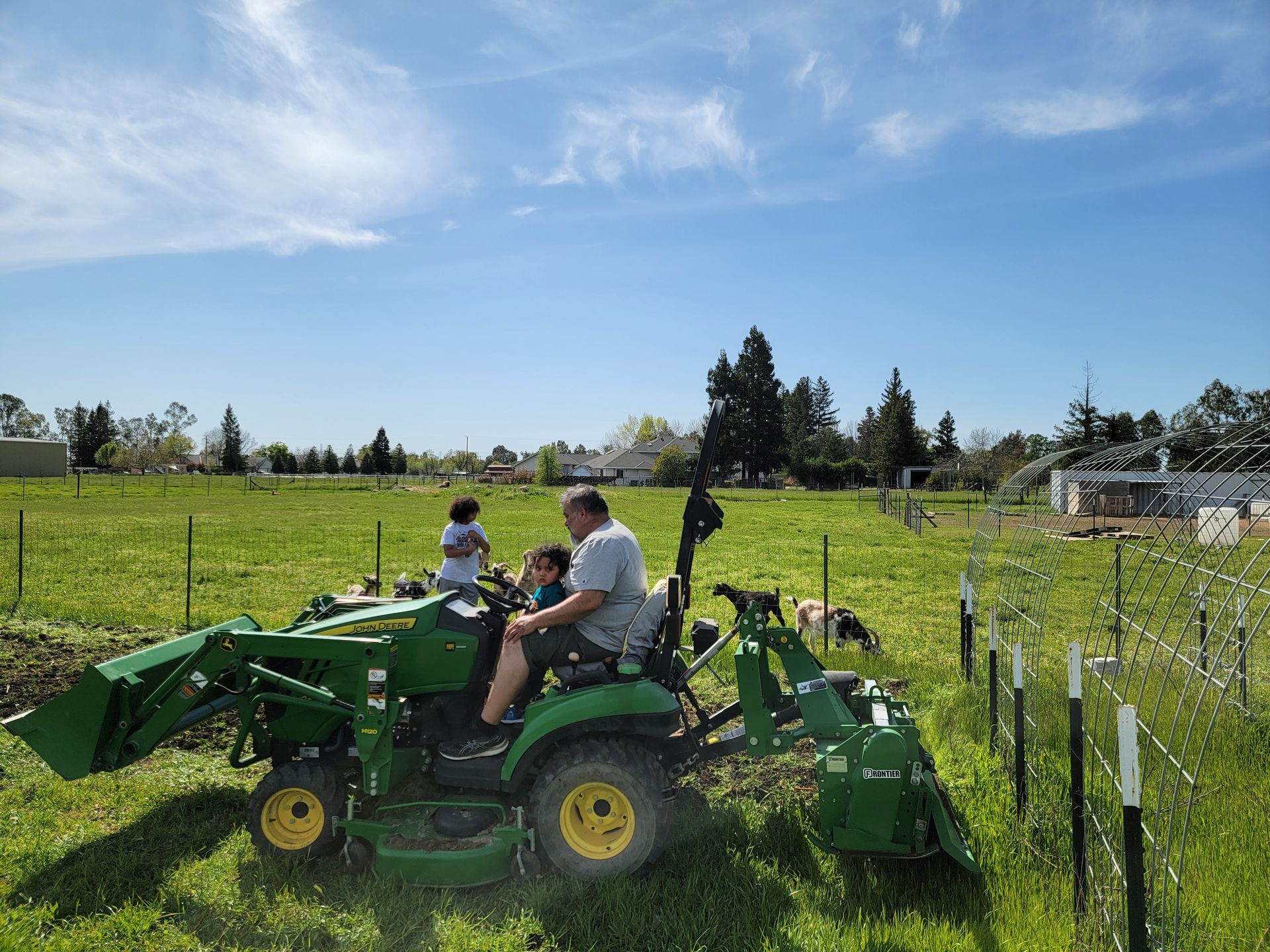 A man is driving a green tractor in a grassy field.