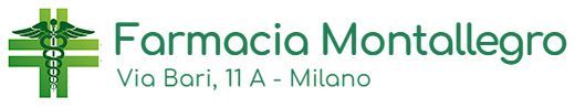 Farmacia Montellegro sign, green cross logo, with address Via Bixio 11A, Milano