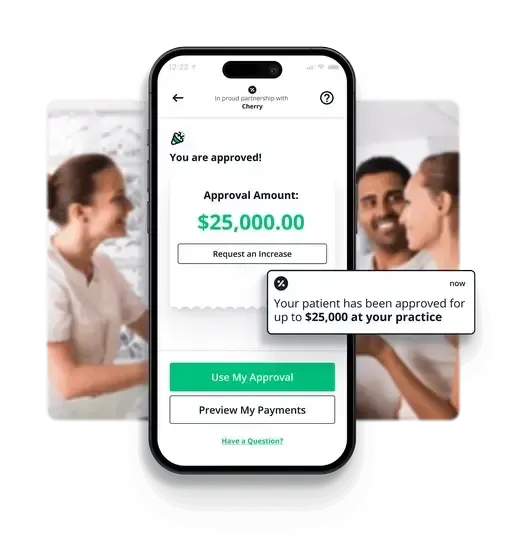 The Cherry app showing a patient approved for a payment plan, with options to use the approval or preview monthly payments