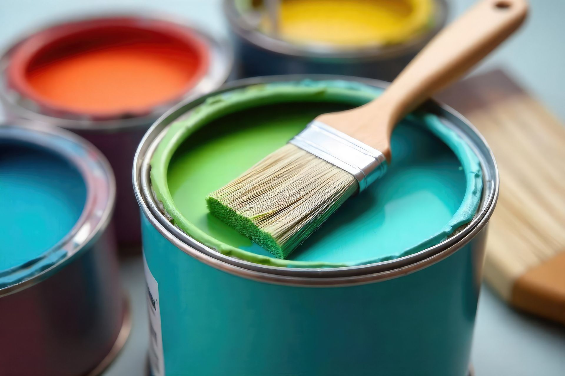 Paint cans open with paint brushes, featuring blue, green, orange, and yellow paint.