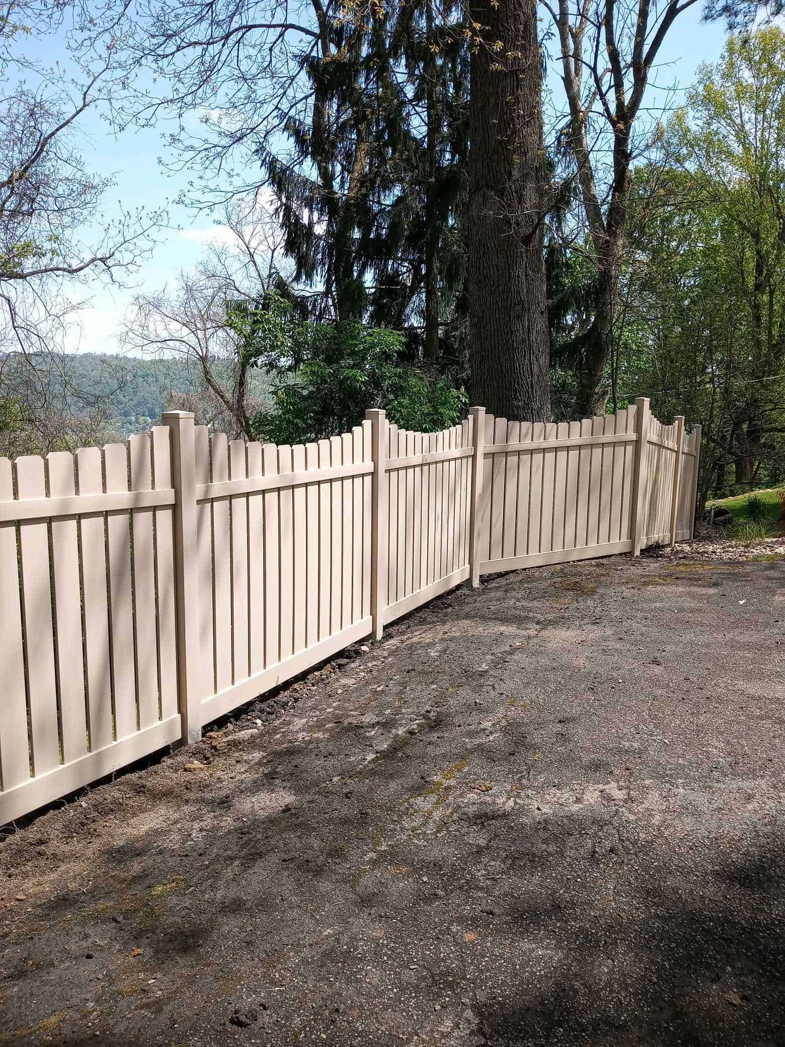 Wooden fence curving along a bare yard beside tall trees in daylight