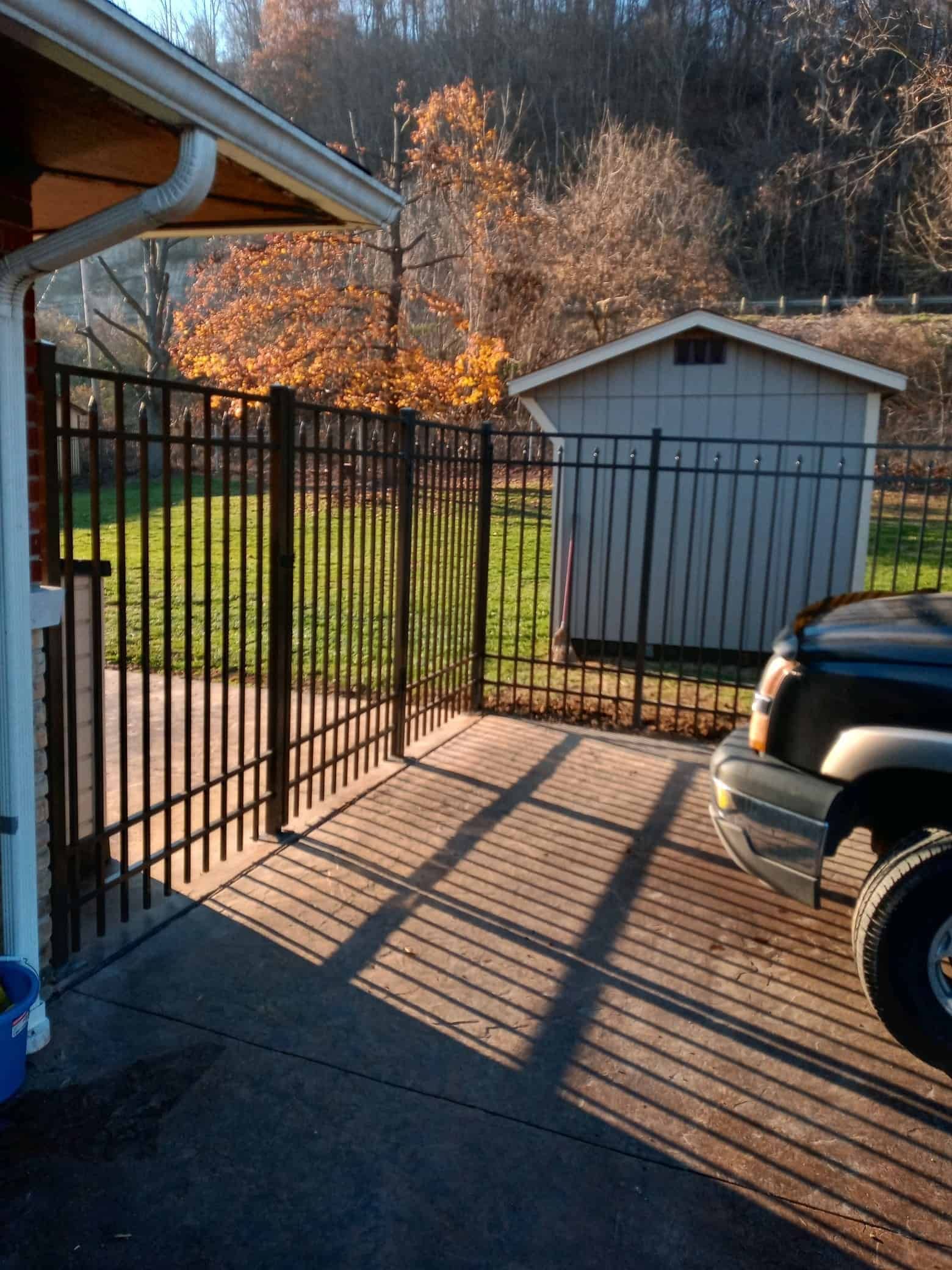 Sunny driveway beside a black metal gate, with a shed and parked vehicle in the background.