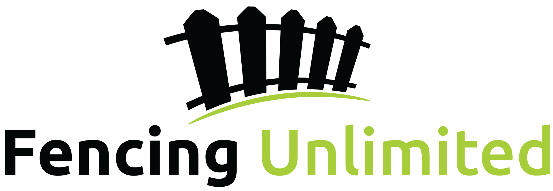 Fencing Unlimited logo with black fencing silhouettes and green text on white background