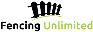 Fencing Unlimited logo with black fencing silhouettes and green text on white background