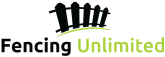 Fencing Unlimited logo with black fencing silhouettes and green text on white background