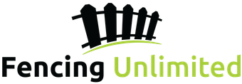 Fencing Unlimited logo with black fencing silhouettes and green text on white background