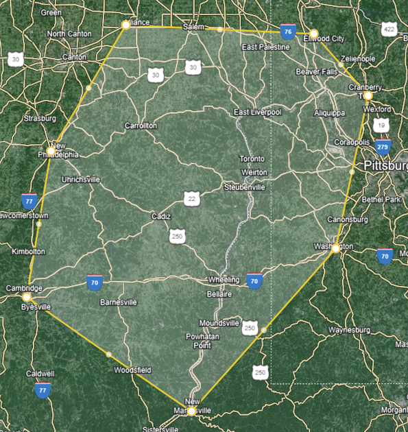 Satellite map of a yellow-outlined region in western Pennsylvania, centered on Pittsburgh