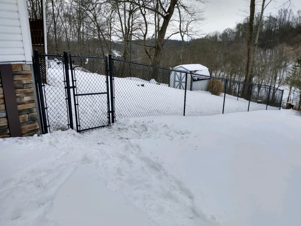 Snow-covered backyard with a black fence, shed, and footprints leading through the snow.