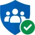 Blue shield with three people icons and a green checkmark badge