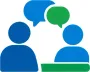 Two blue people icons with overlapping blue and green speech bubbles above them