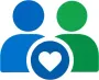 Blue and green user icons with a white heart in a blue circle between them