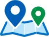 Blue and green map pins over an open folded map icon