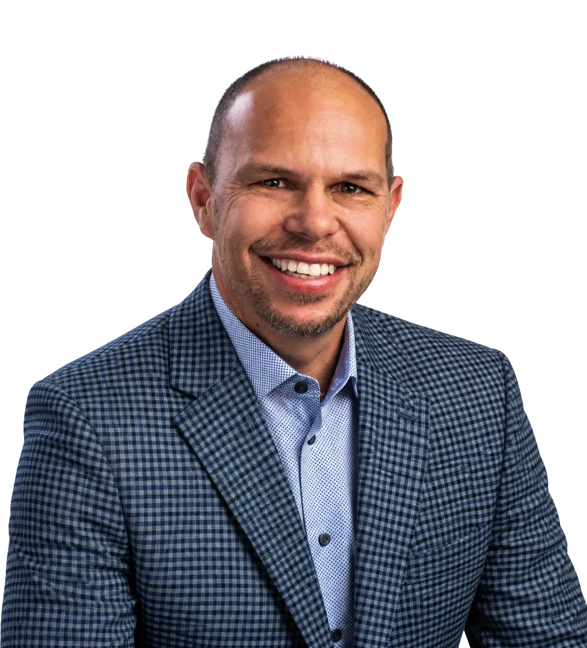 Smiling man in a blue patterned blazer and light blue shirt against a white background