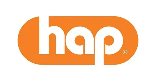 Orange “hap” logo with white lowercase letters in a rounded rectangle