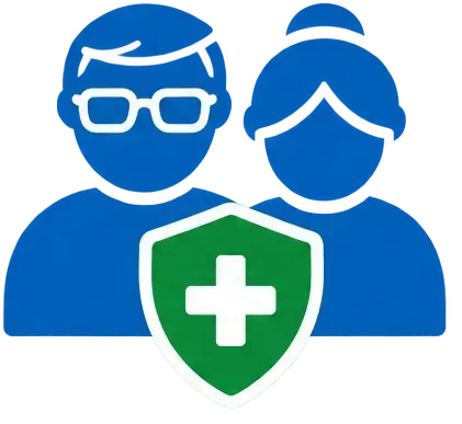 Blue healthcare icon with two people and a green shield with a white cross