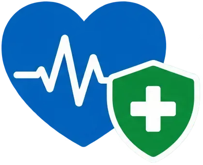 Blue heart with white heartbeat line and green shield with white medical cross